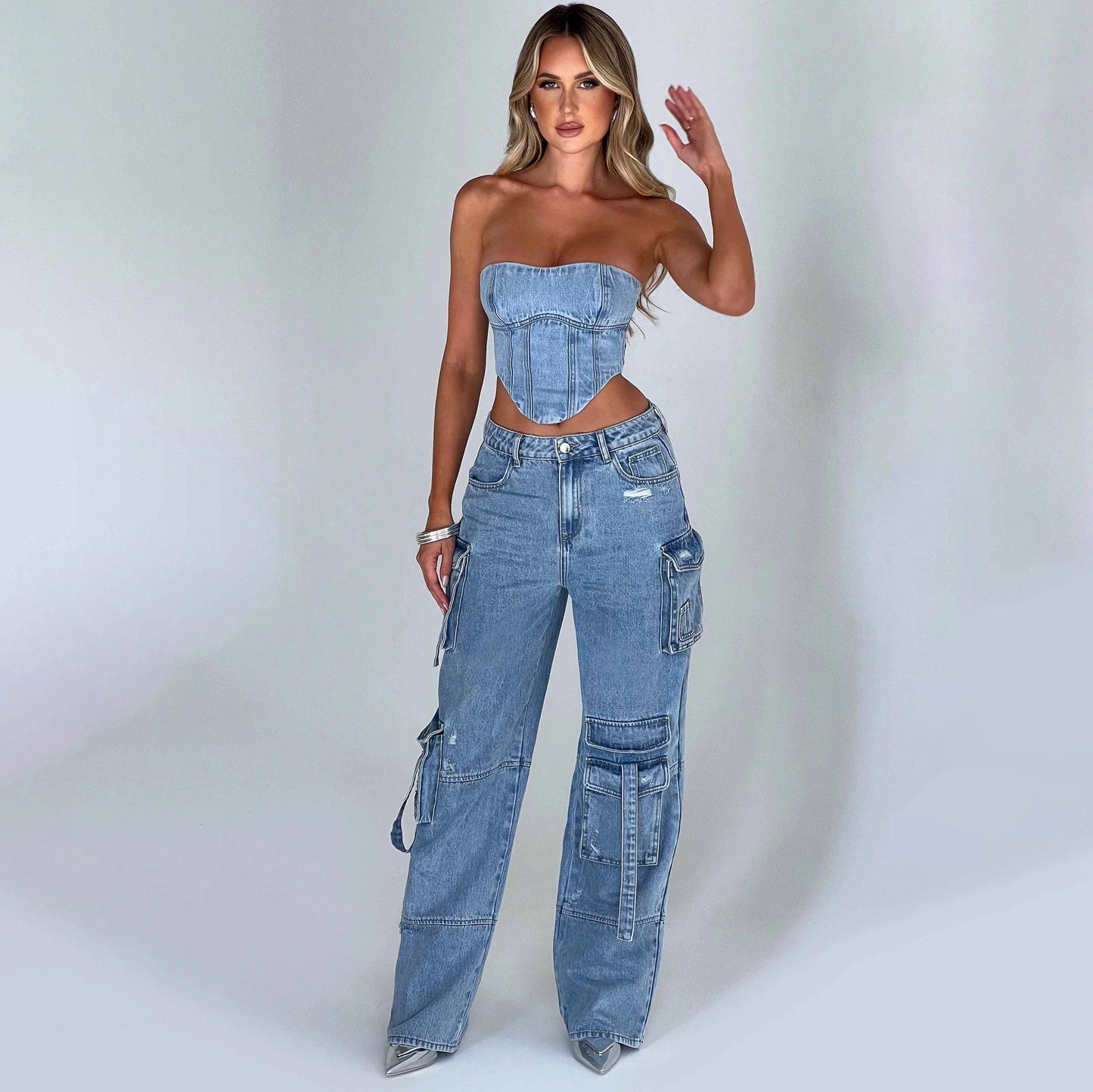 3D Denim Tube Top Jeans Set